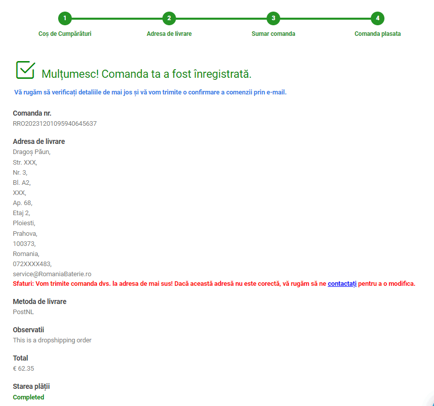 Comanda dvs. a fost plasată cu succes